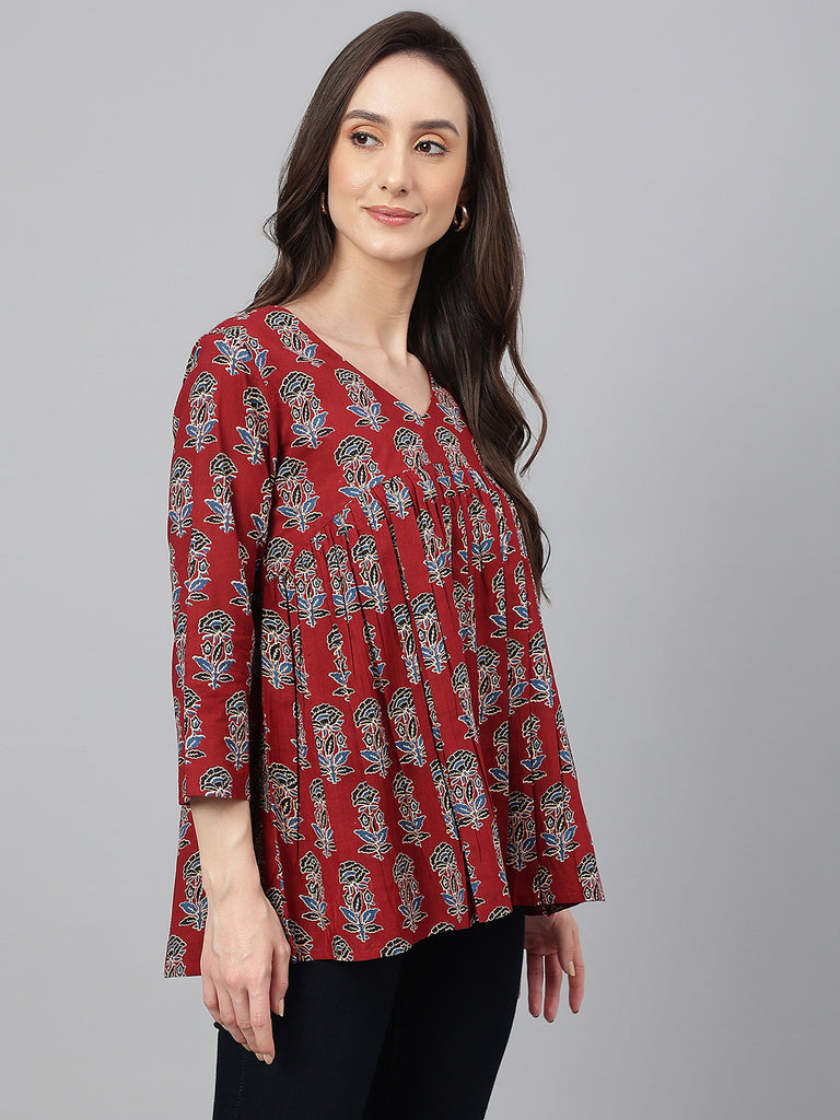 Women's Floral Block Print Maroon Cotton Tops