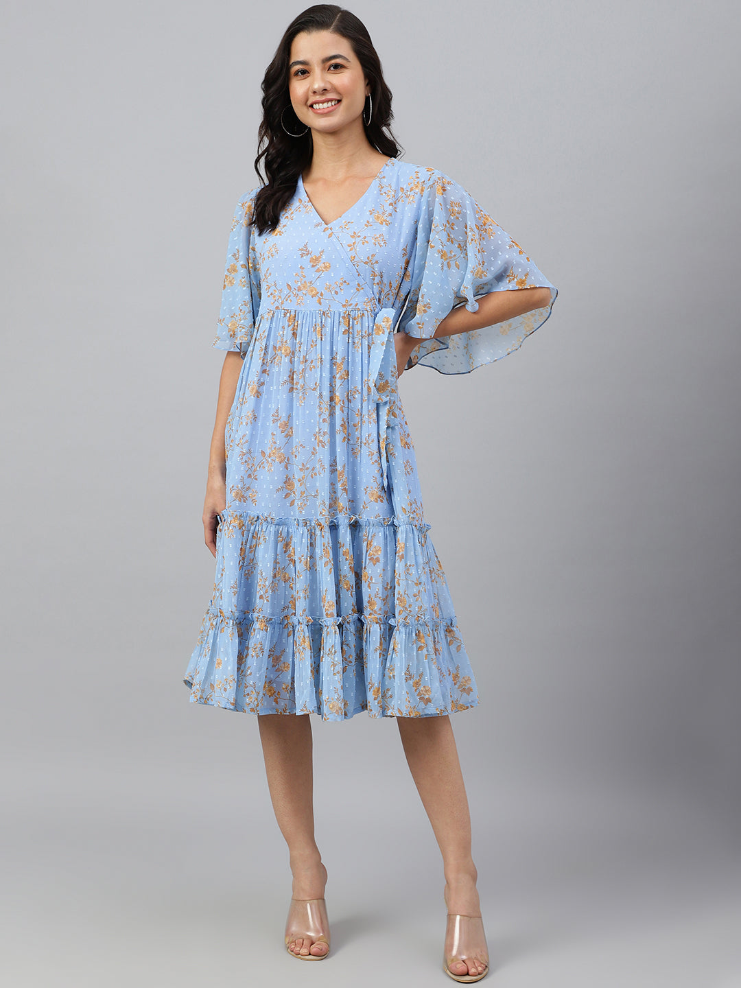 Women's Digital Printed Sky Blue Dobby Georgette Dress - Janasya