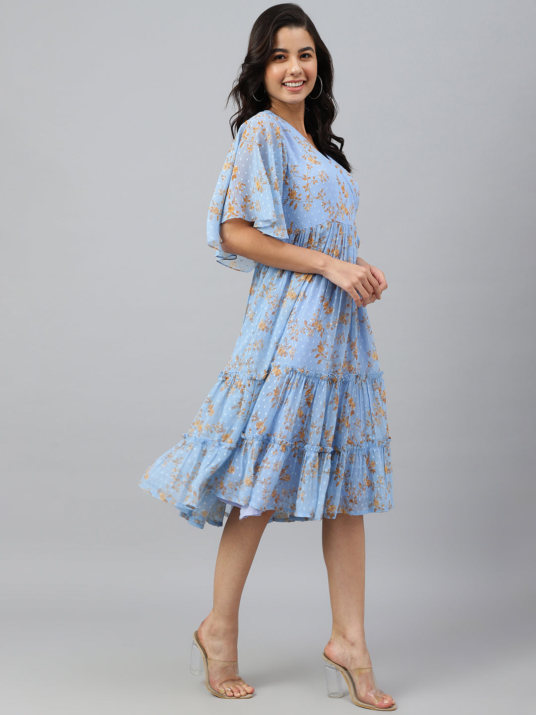 Women's Digital Printed Sky Blue Dobby Georgette Dress - Janasya