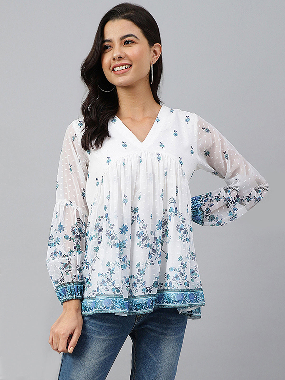 Women's Digital Print White Georgette Tops
