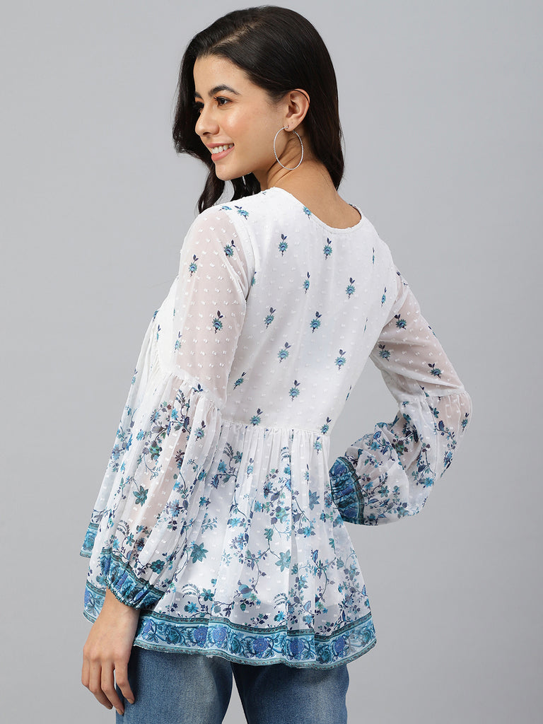 Women's Digital Print White Georgette Tops
