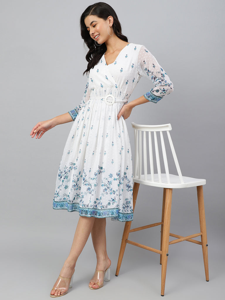 Women's Digital Printed White Georgette Dress