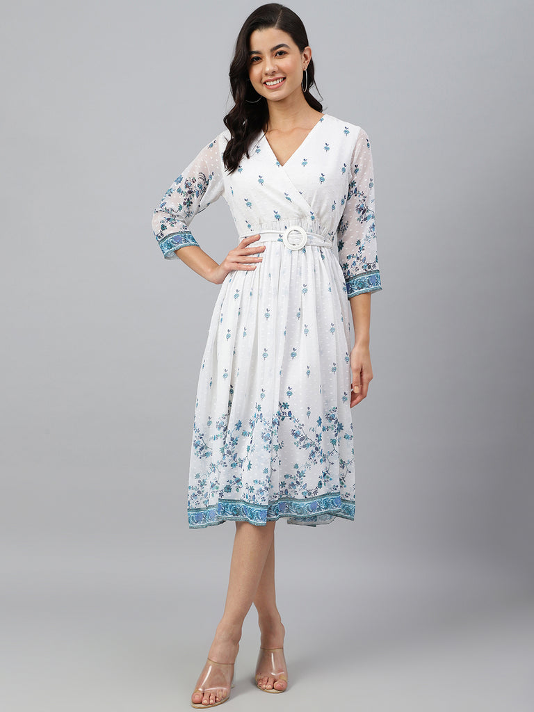 Women's Digital Printed White Georgette Dress