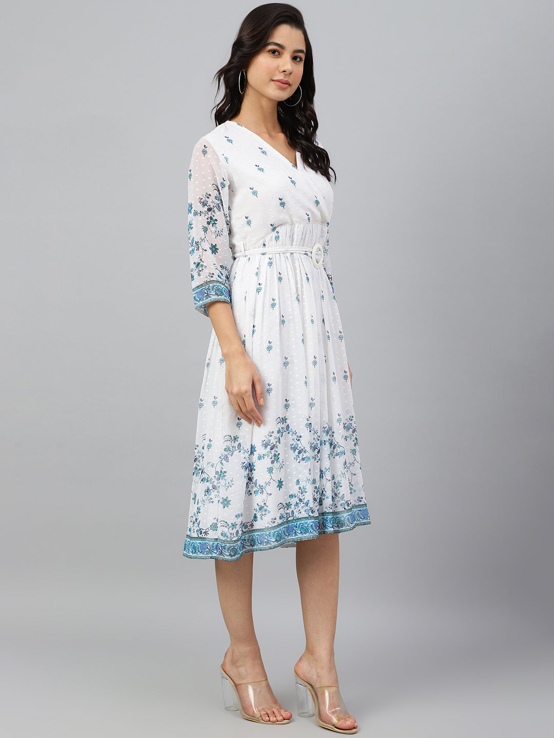 Women's Digital Printed White Georgette Dress - Janasya USA