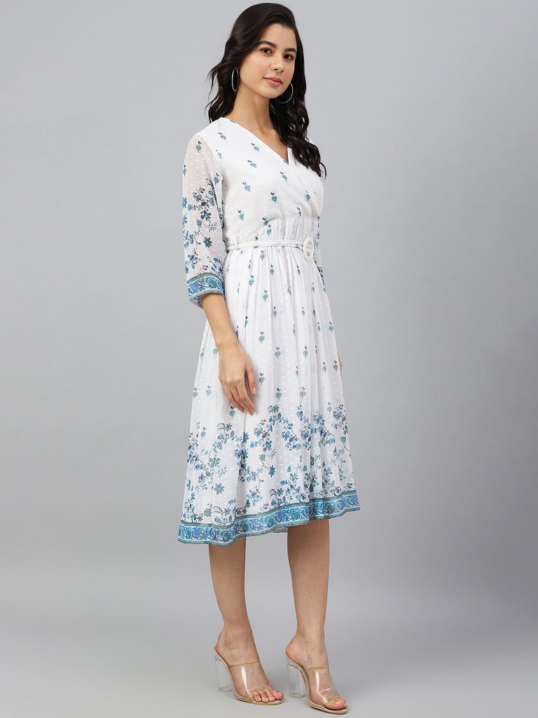 Women's Digital Printed White Georgette Dress