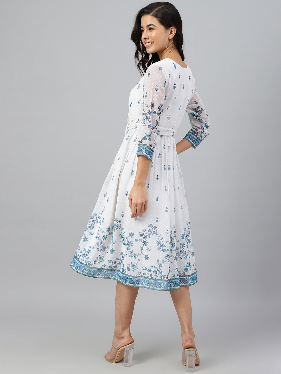 Women's Digital Printed White Georgette Dress - Janasya USA