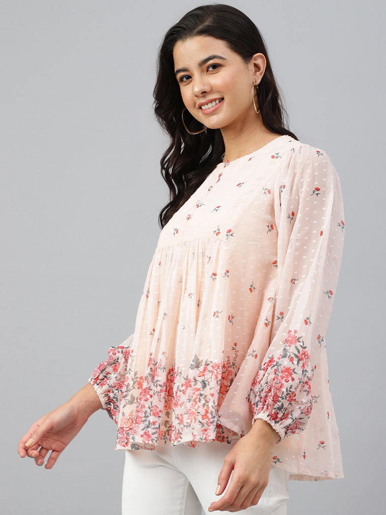 Women's Floral Print Peach Georgette Tops