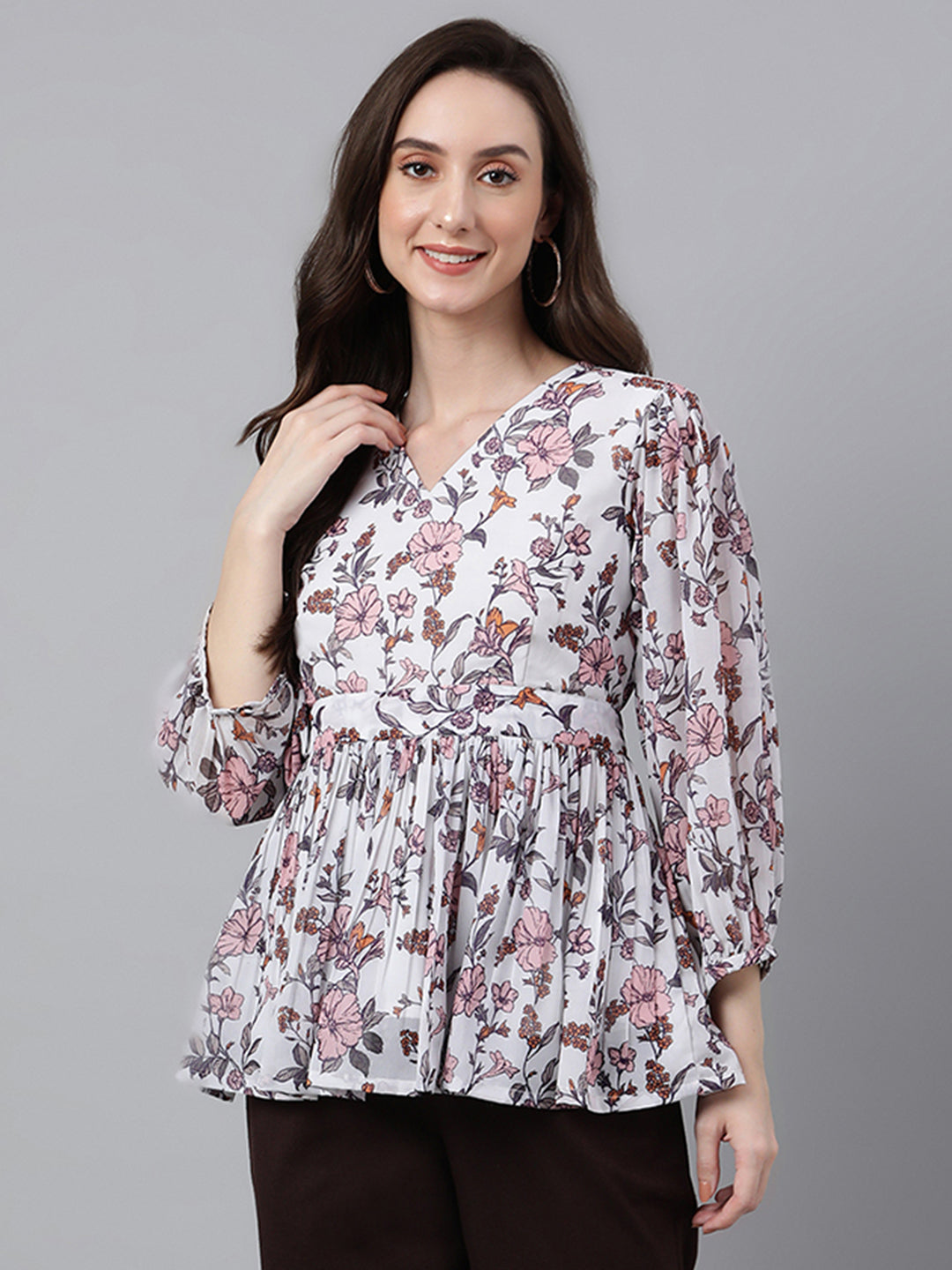 Women's Floral Print White Georgette Tops – Trendia