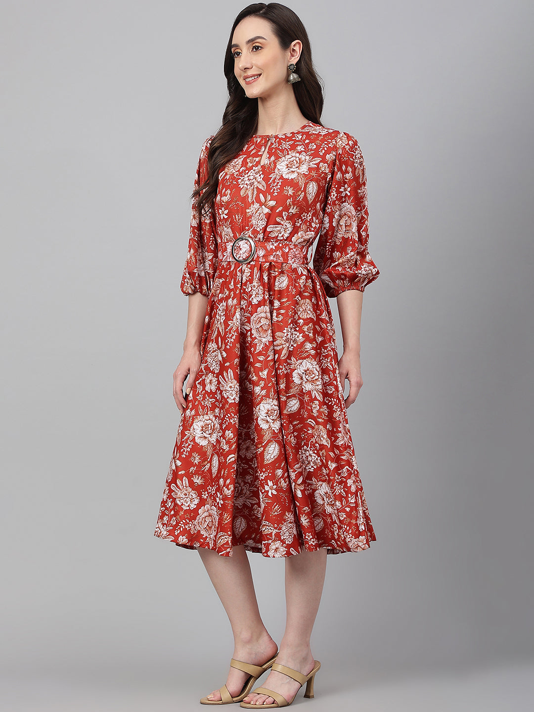 Women's Digital Printed Rust Crepe Dress - Janasya