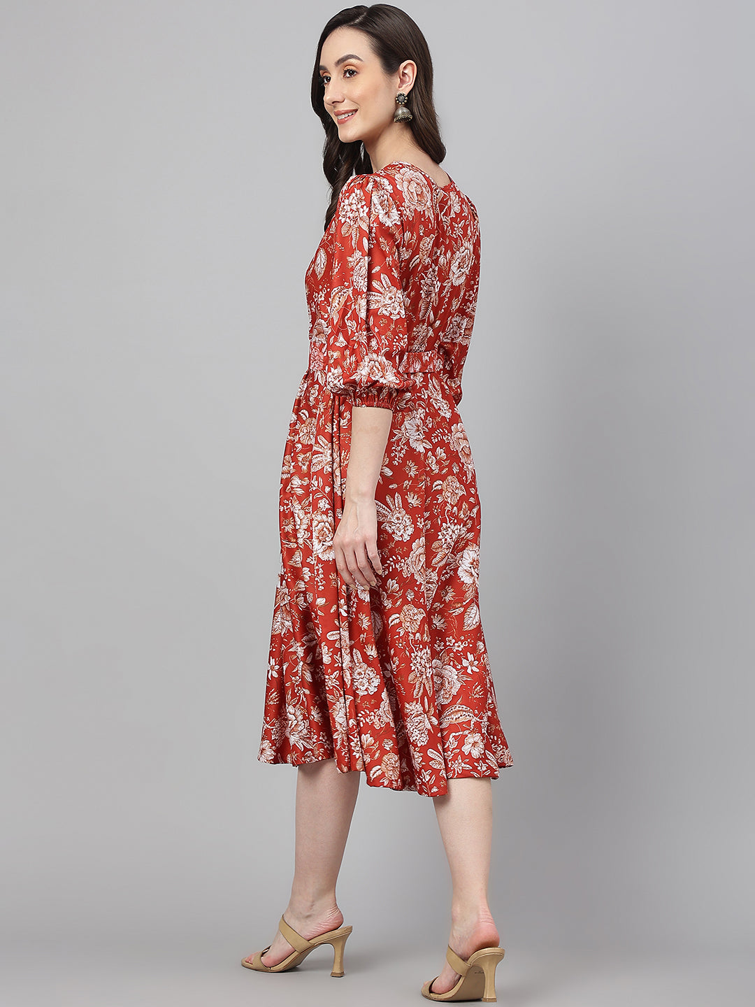 Women's Digital Printed Rust Crepe Dress - Janasya