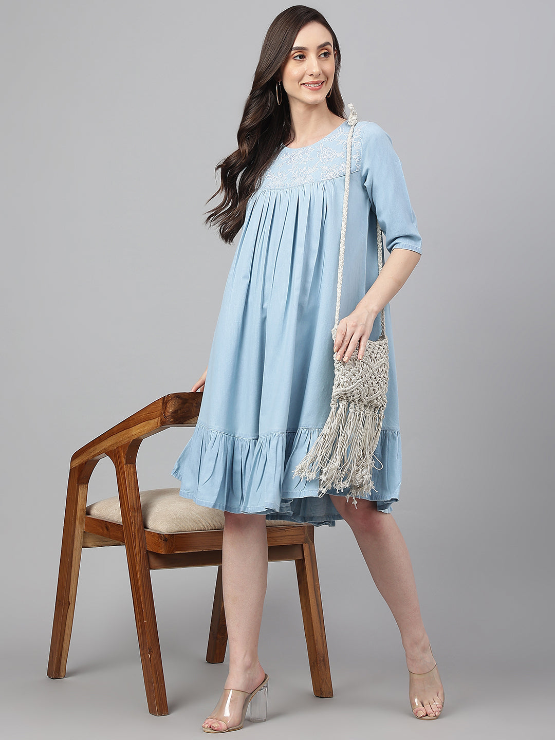 Women's Solid Light Blue Denim Dress - Janasya