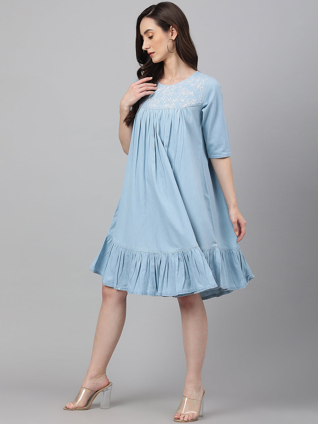 Women's Solid Light Blue Denim Dress - Janasya