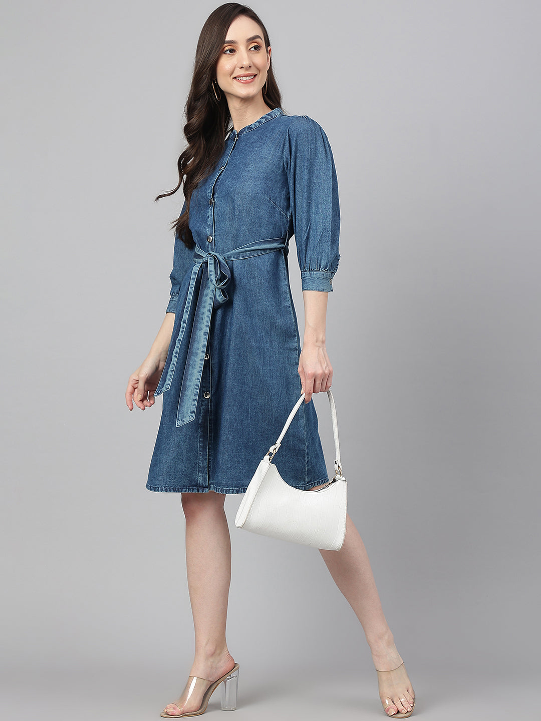 Women's Solid Blue Denim Dress - Janasya
