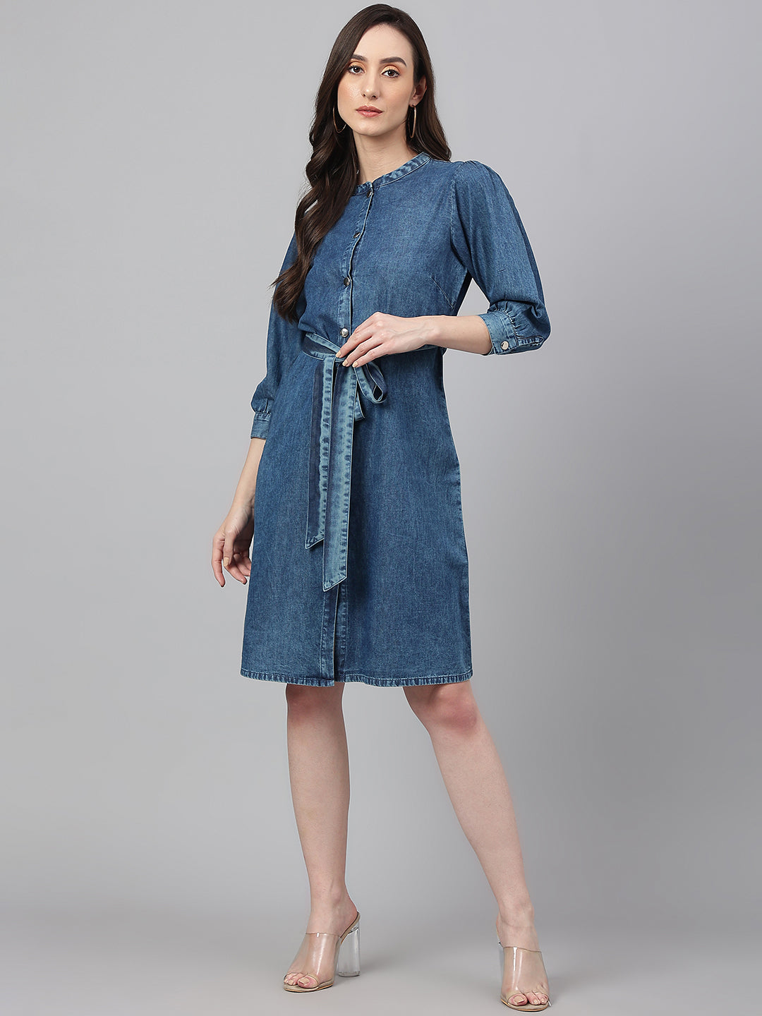 Women's Solid Blue Denim Dress - Janasya
