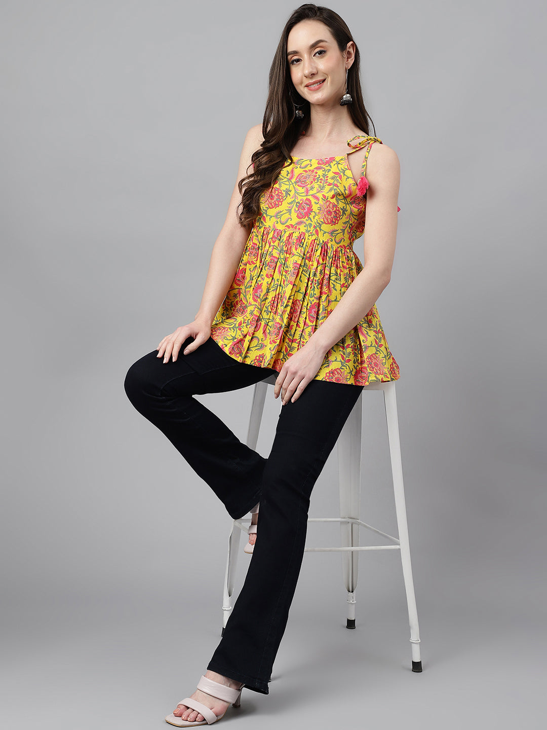 Women's Floral Print Yellow Cotton Tops - Janasya