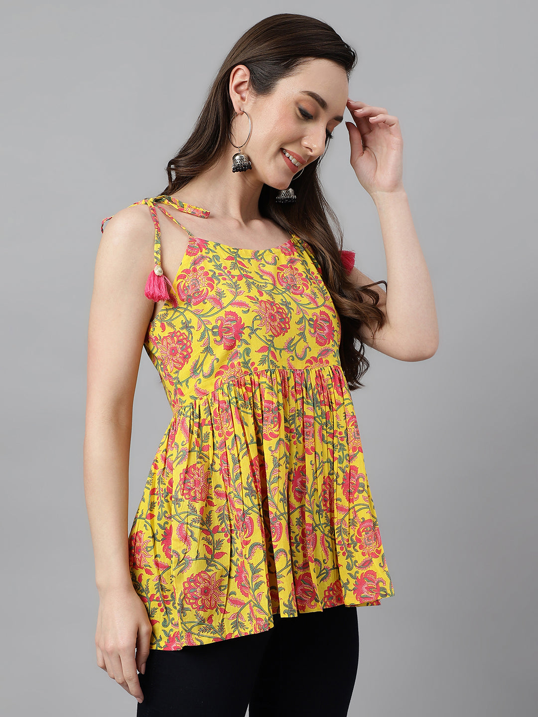 Women's Floral Print Yellow Cotton Tops - Janasya