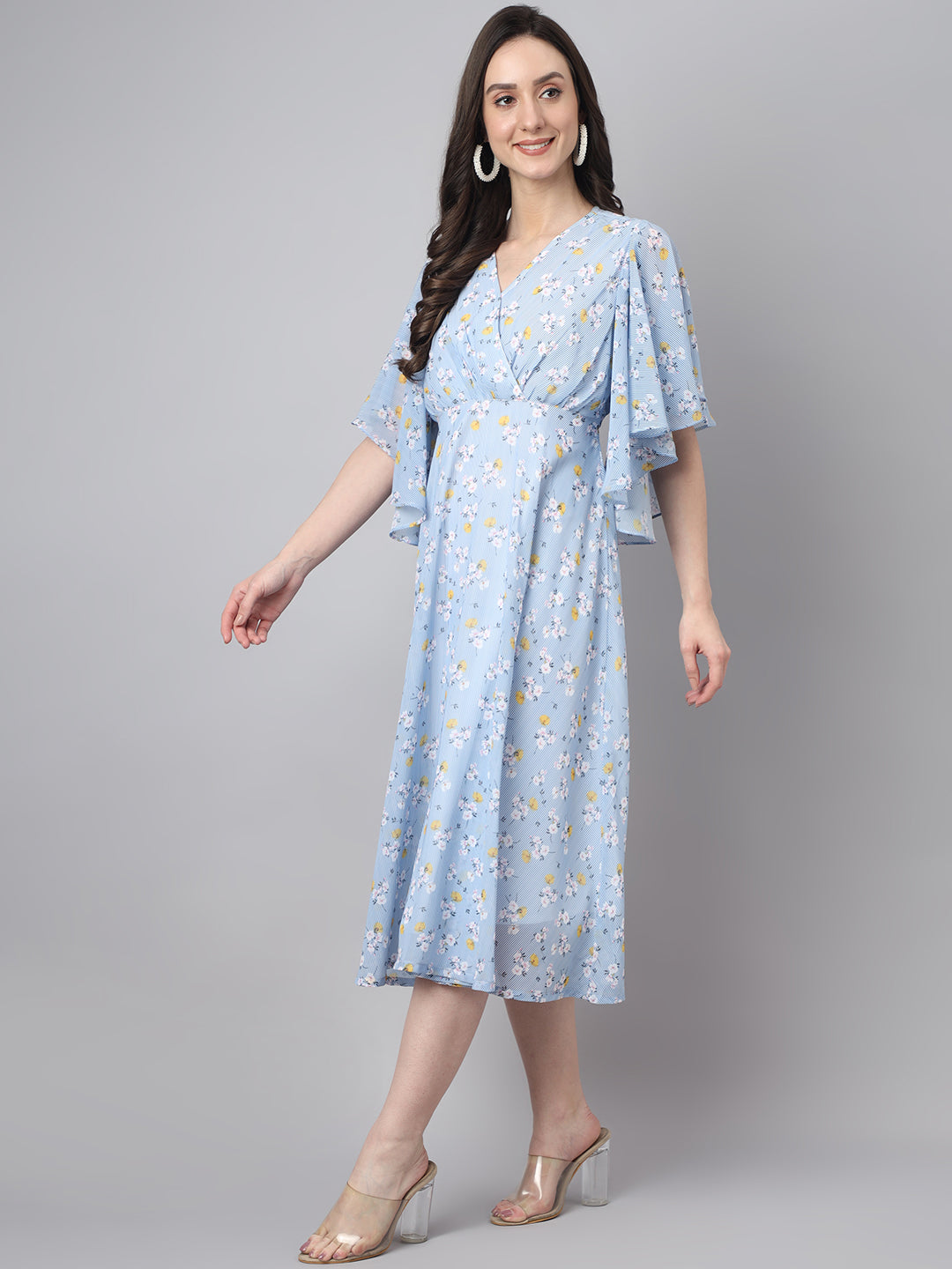 Women's Floral Printed Blue Georgette Dress - Janasya