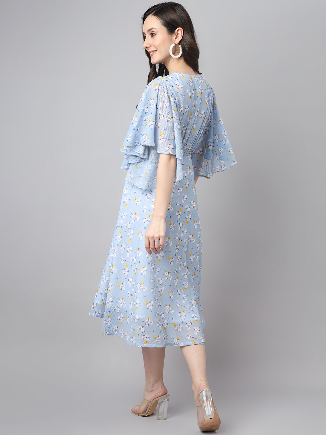 Women's Floral Printed Blue Georgette Dress - Janasya