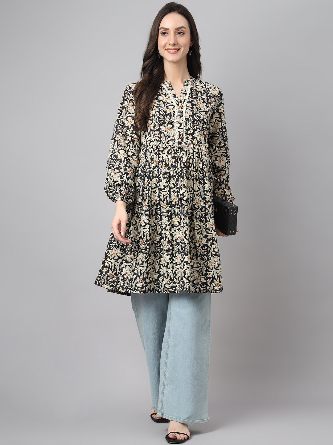 Women's Floral Print Black Cotton Tunics