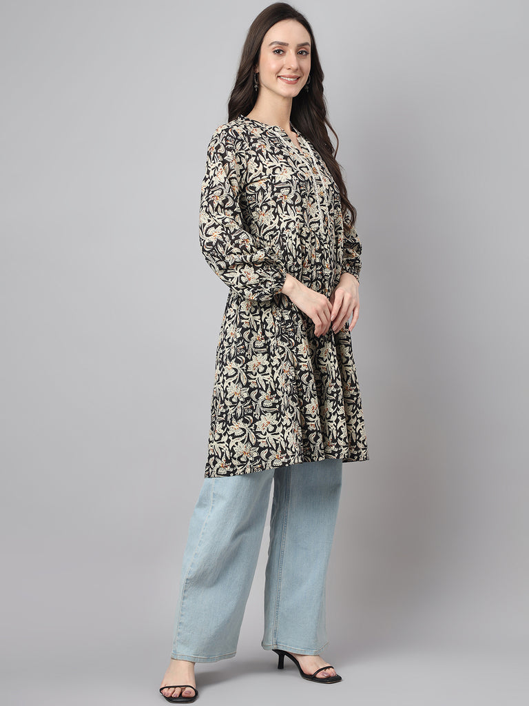 Women's Floral Print Black Cotton Tunics