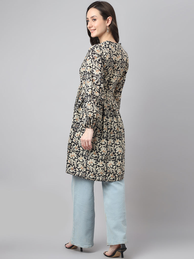 Women's Floral Print Black Cotton Tunics