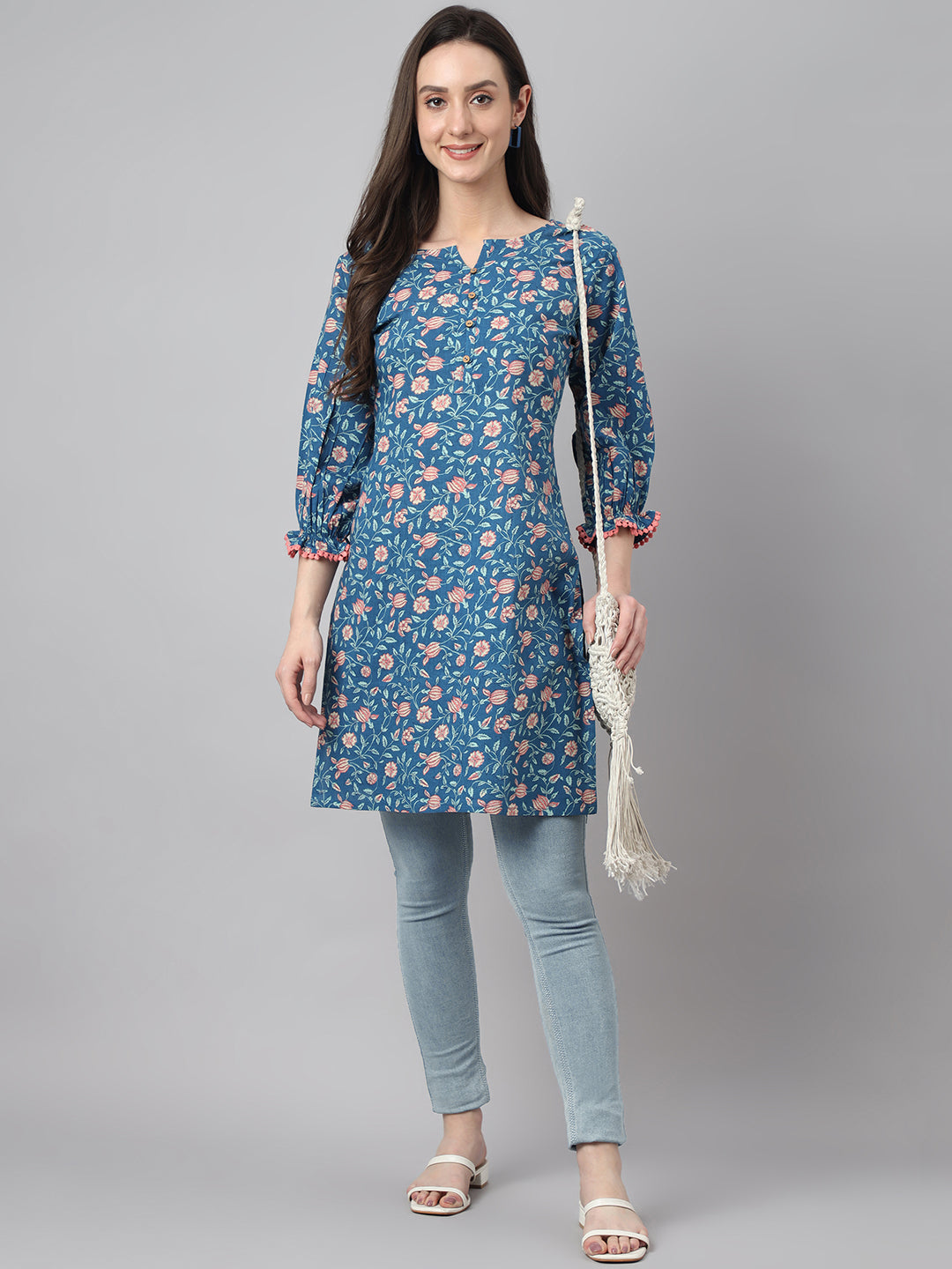Women's Floral Print Blue Cotton Tunics - Janasya