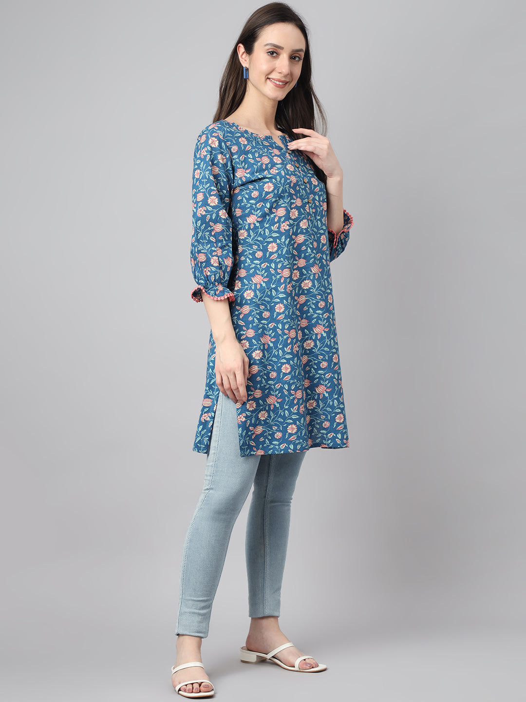 Women's Floral Print Blue Cotton Tunics - Janasya