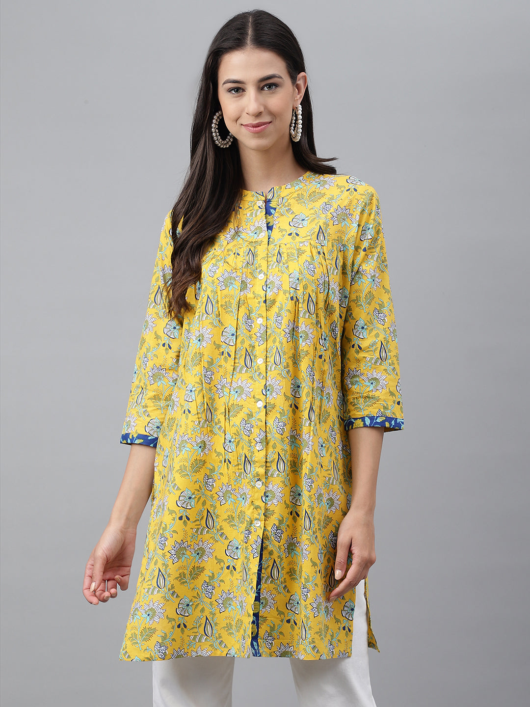 Women's Floral Print Yellow Cotton Tunics - Janasya