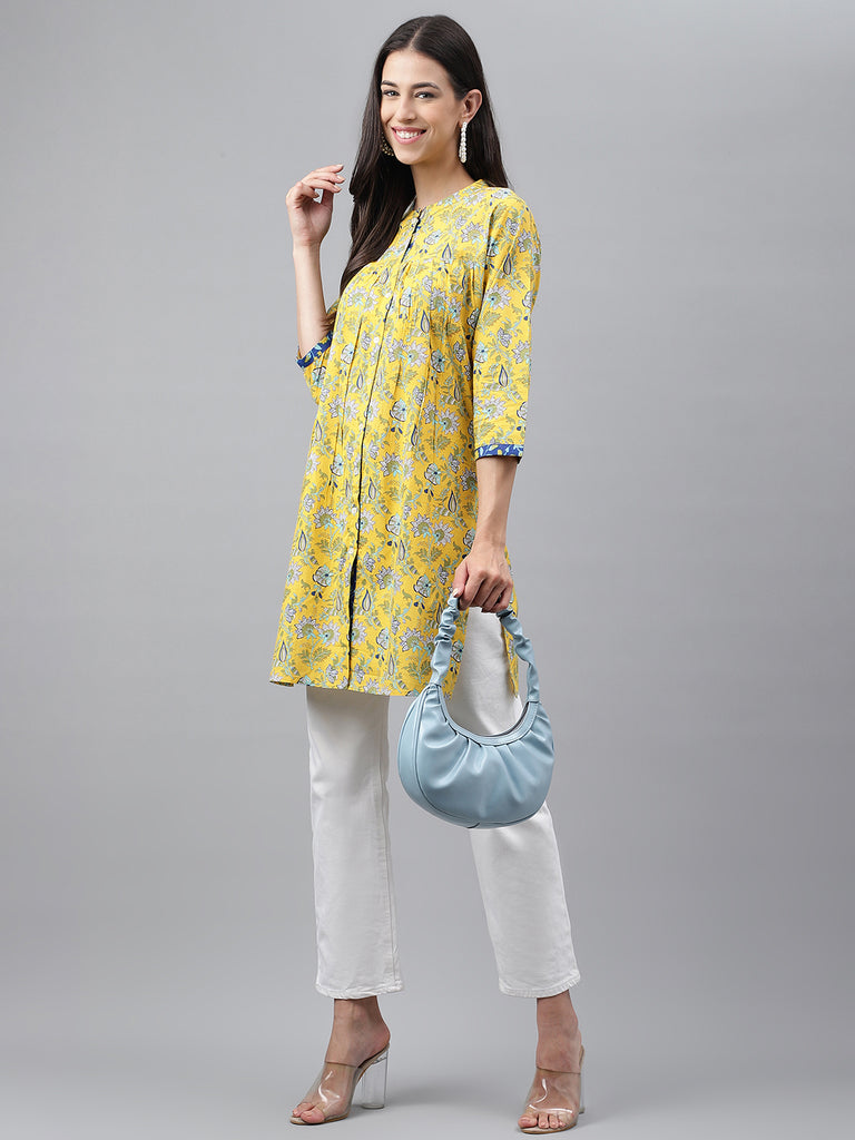 Women's Floral Print Yellow Cotton Tunics