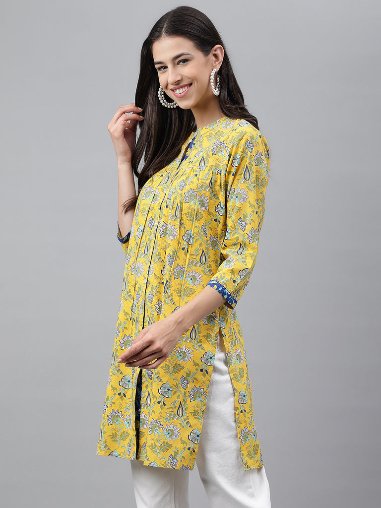 Women's Floral Print Yellow Cotton Tunics