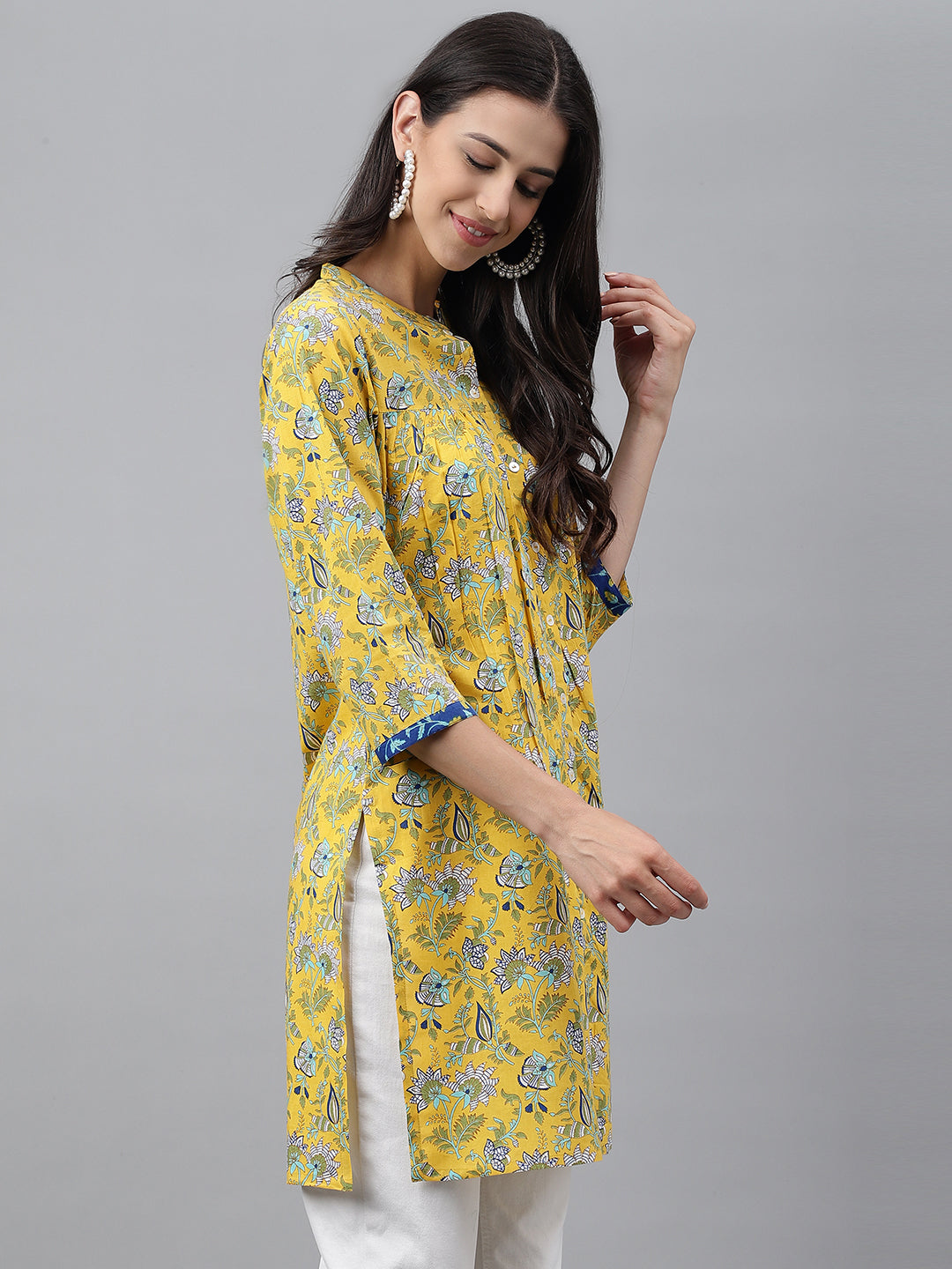 Women's Floral Print Yellow Cotton Tunics - Janasya