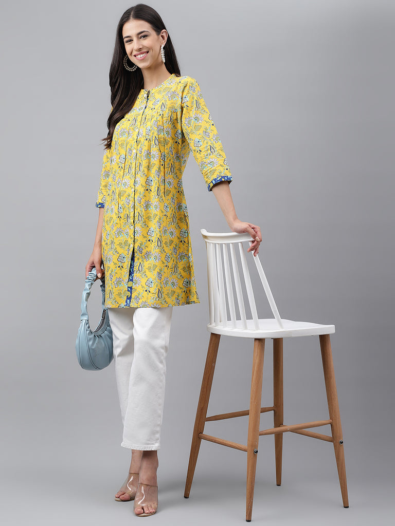Women's Floral Print Yellow Cotton Tunics