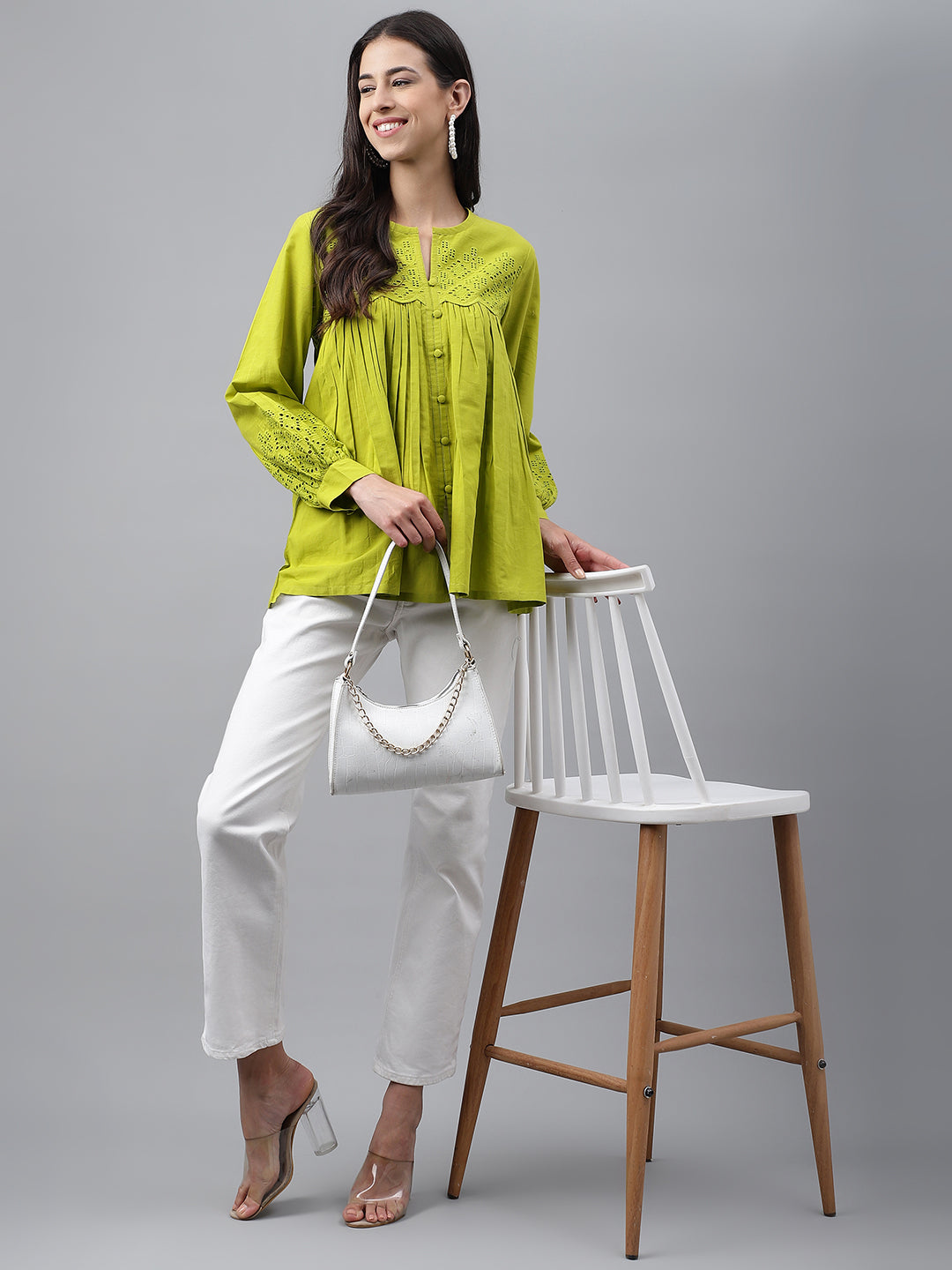 Women's Schiffli Lime Green Cotton Tops - Janasya
