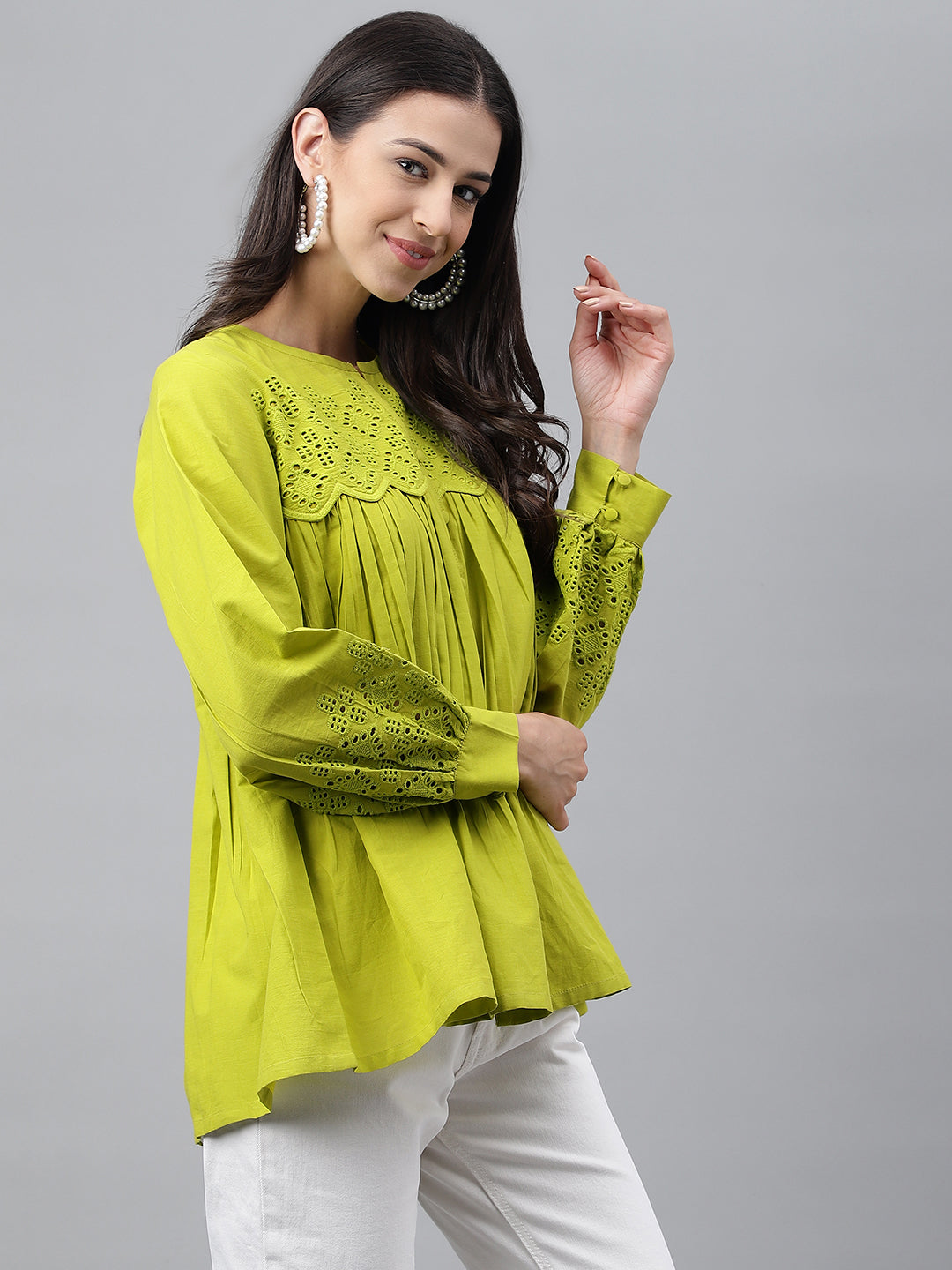 Women's Schiffli Lime Green Cotton Tops - Janasya