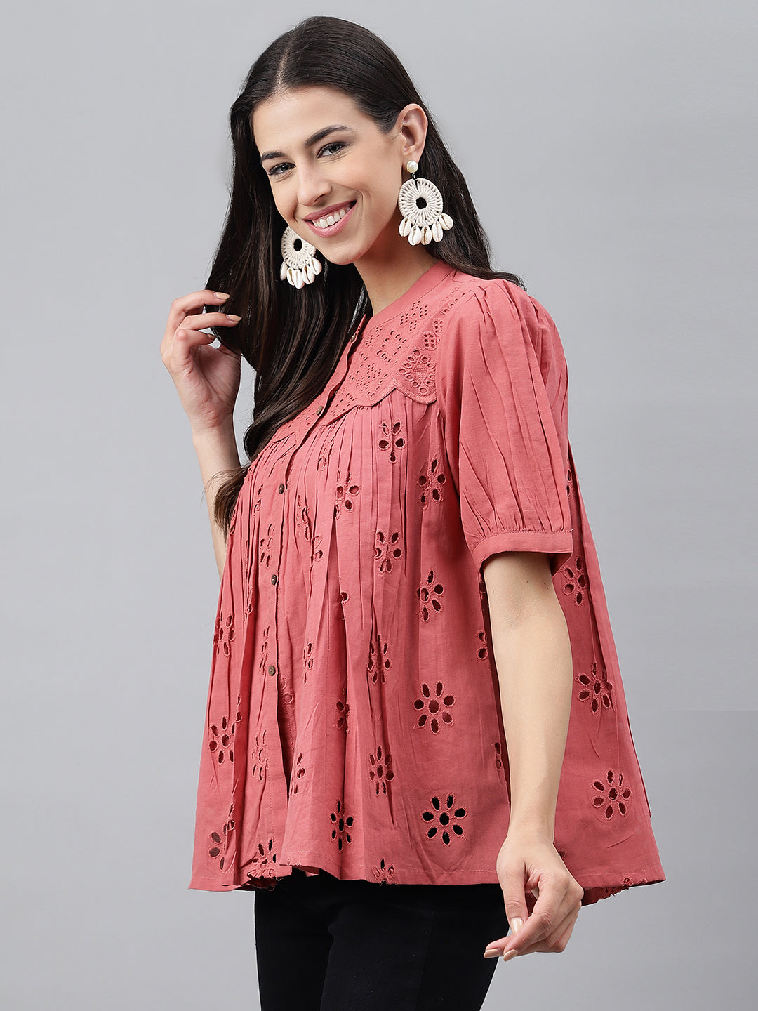 Women's Schiffli Pink Cotton Tops - Janasya