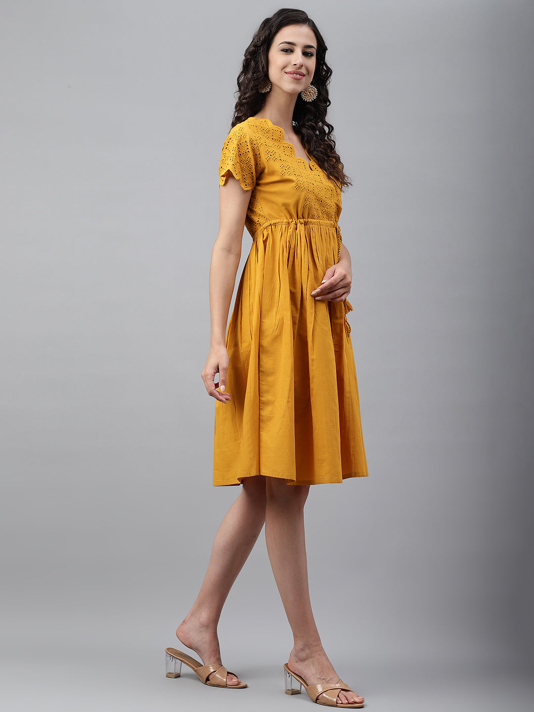 Women's Schiffli Yellow Cotton Dress - Janasya
