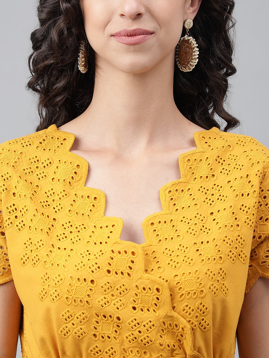 Women's Schiffli Yellow Cotton Dress - Janasya