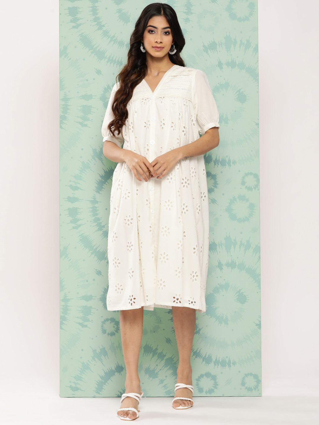 Women's Schiffli White Cotton Dress - Janasya
