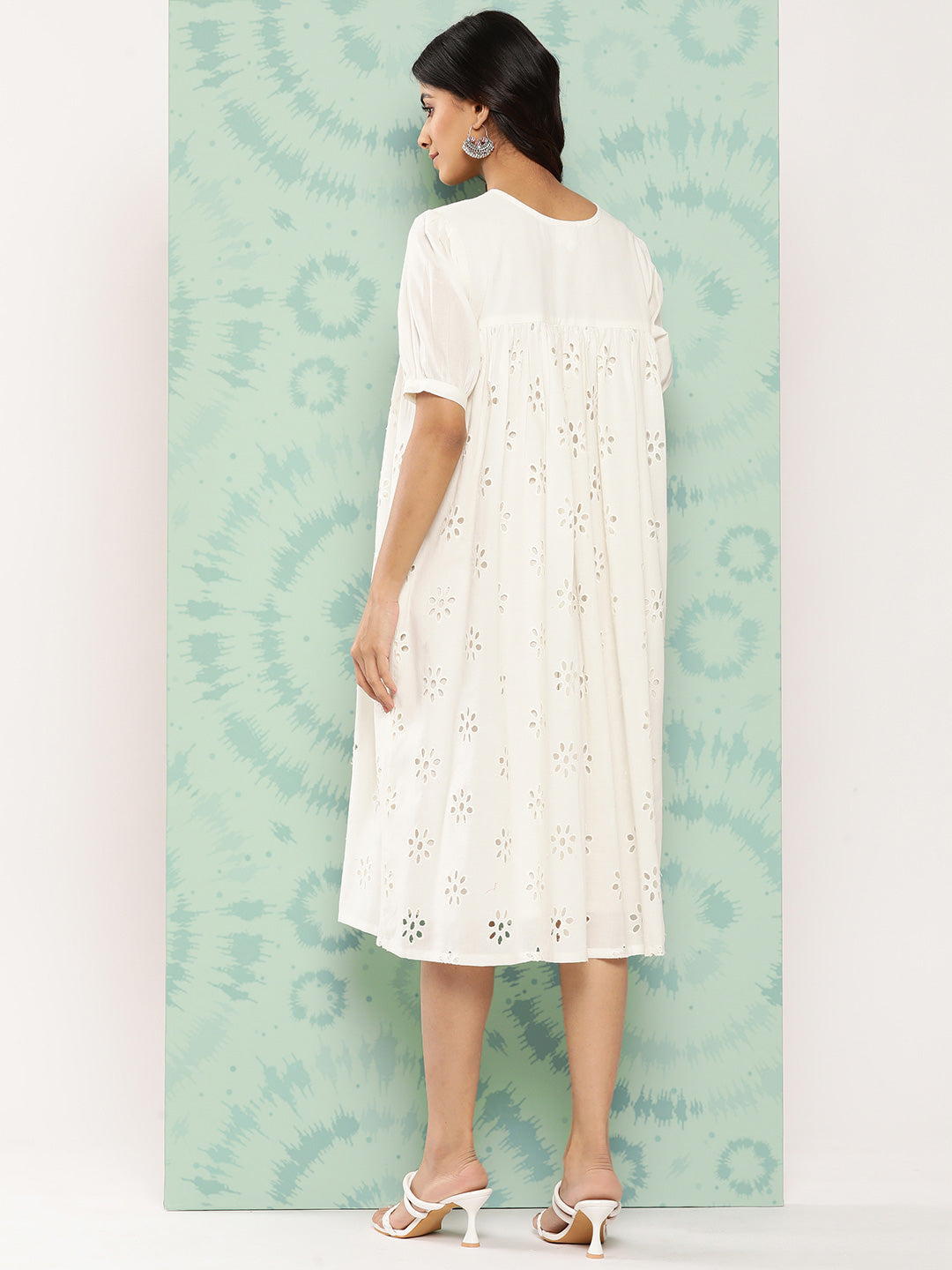 Women's Schiffli White Cotton Dress - Janasya