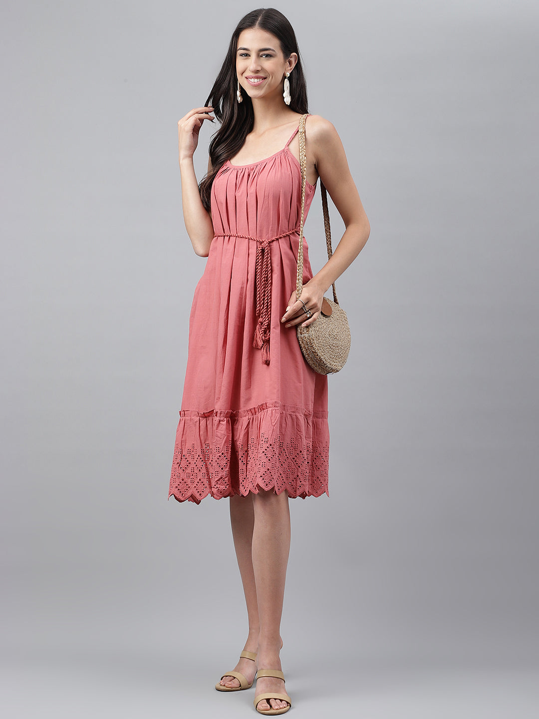 Women's Schiffli Pink Cotton Dress - Janasya
