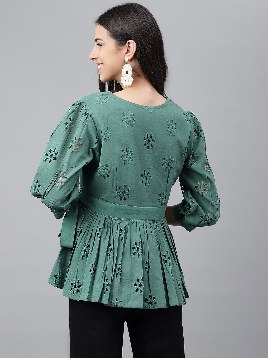 Women's Schiffli  Green Cotton Tops - Janasya