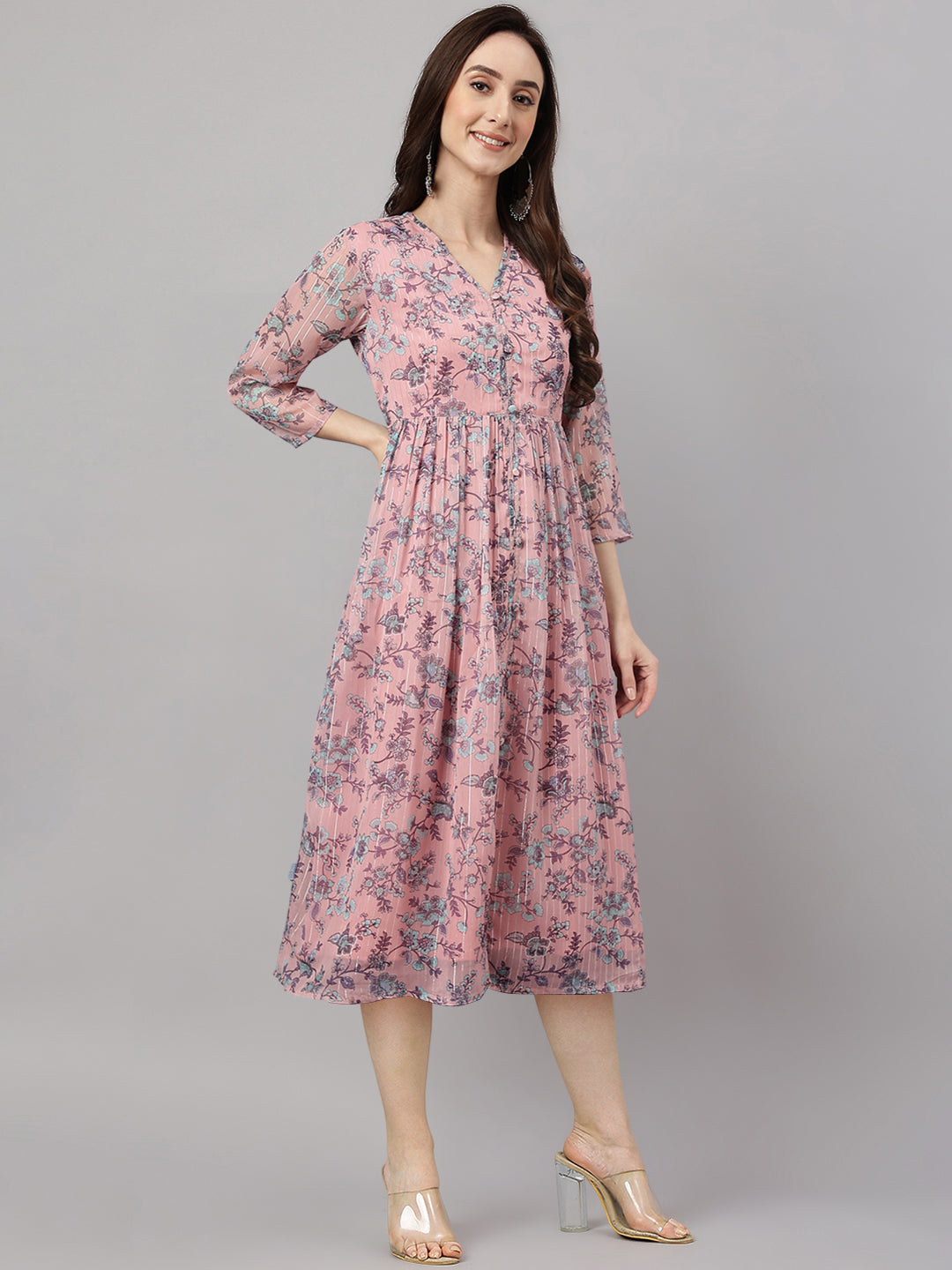 Women's Floral Printed Pink Chiffon Lurex Dress - Janasya USA