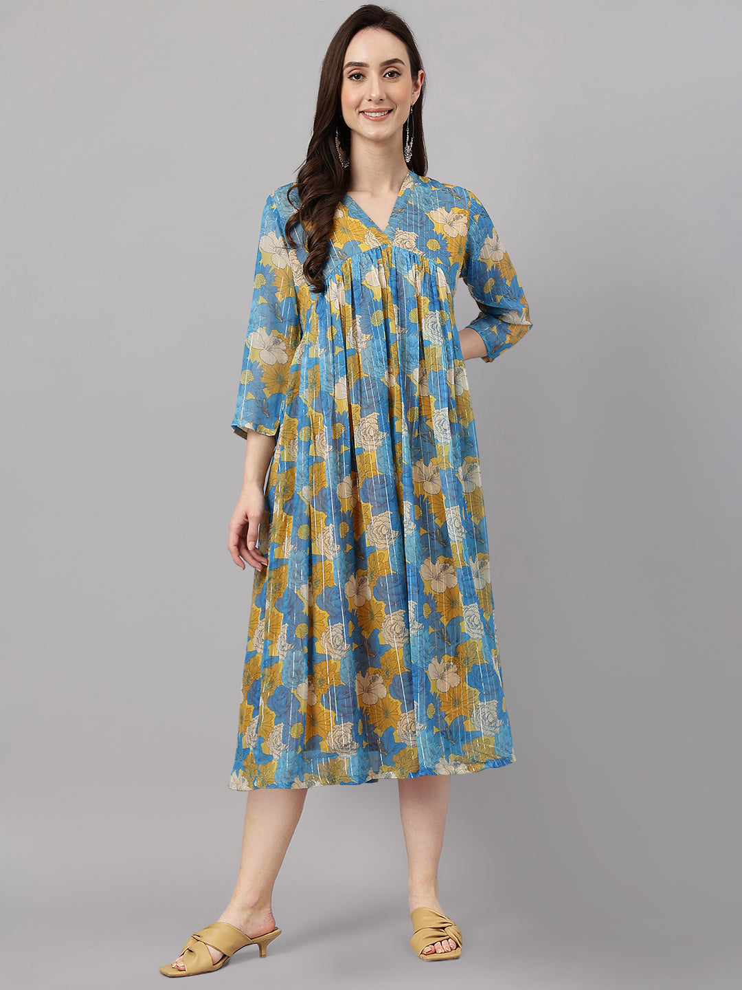Women's Floral Printed Yellow Chiffon Lurex Dress - Janasya