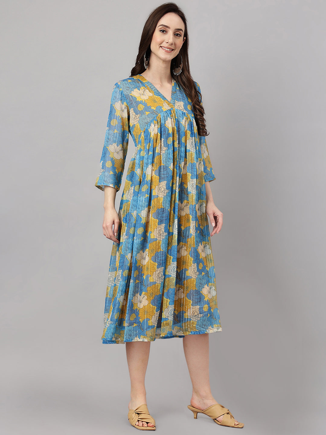 Women's Floral Printed Yellow Chiffon Lurex Dress - Janasya