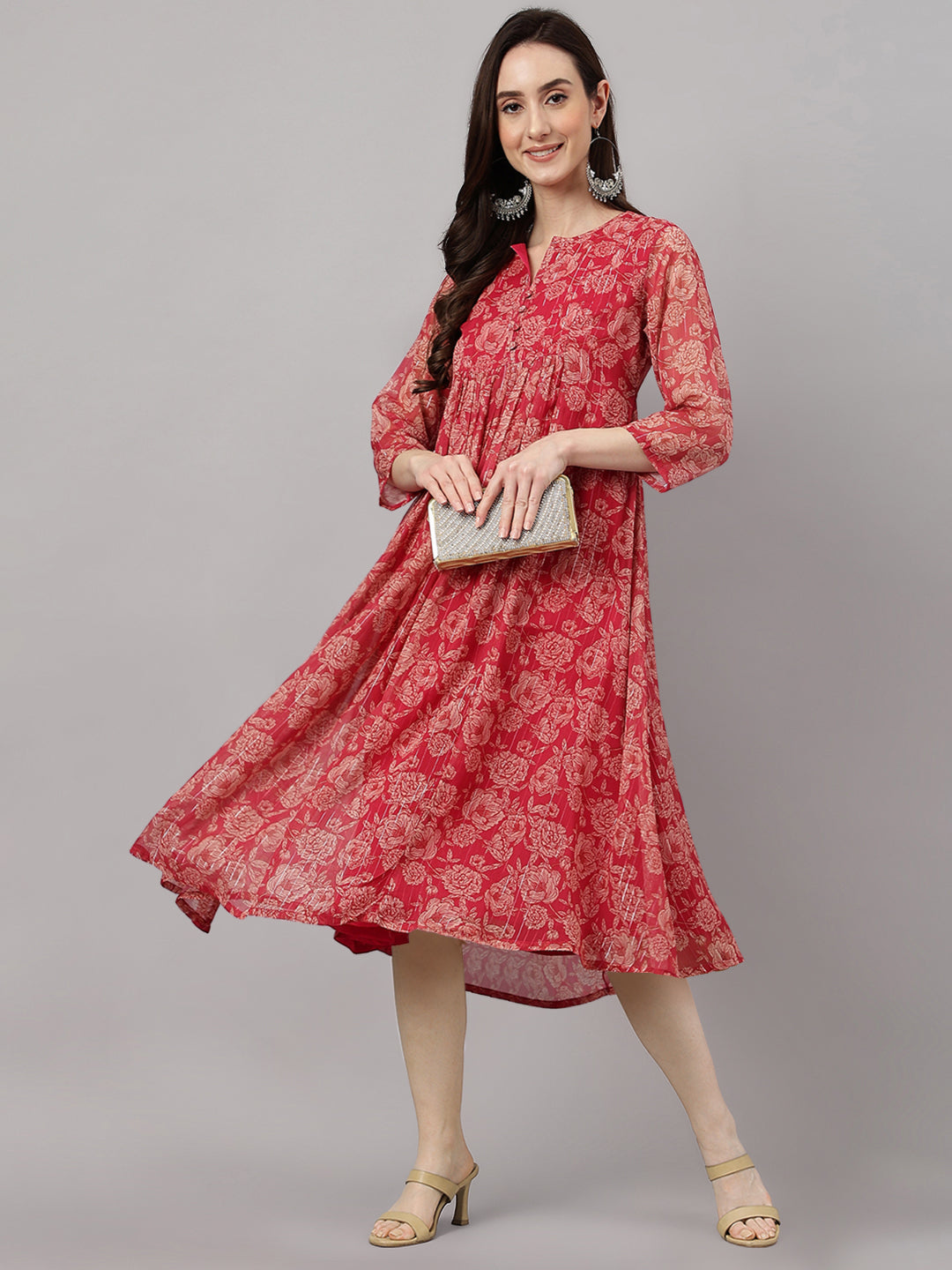Women's Floral Printed Dark Pink Chiffon Lurex Dress
