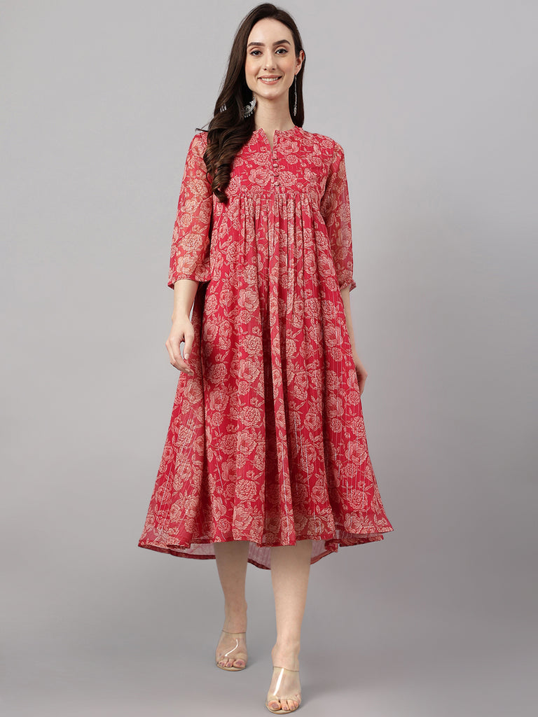 Women's Floral Printed Dark Pink Chiffon Lurex Dress