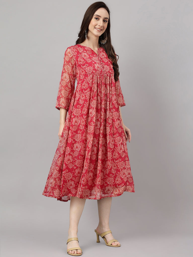 Women's Floral Printed Dark Pink Chiffon Lurex Dress