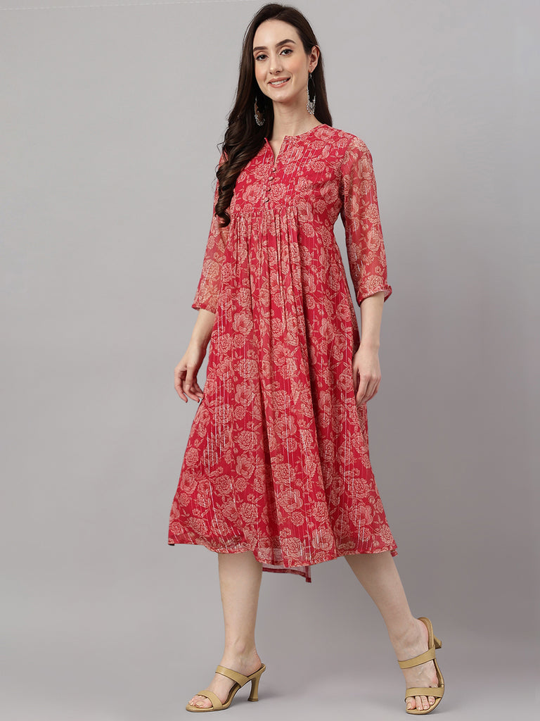 Women's Floral Printed Dark Pink Chiffon Lurex Dress