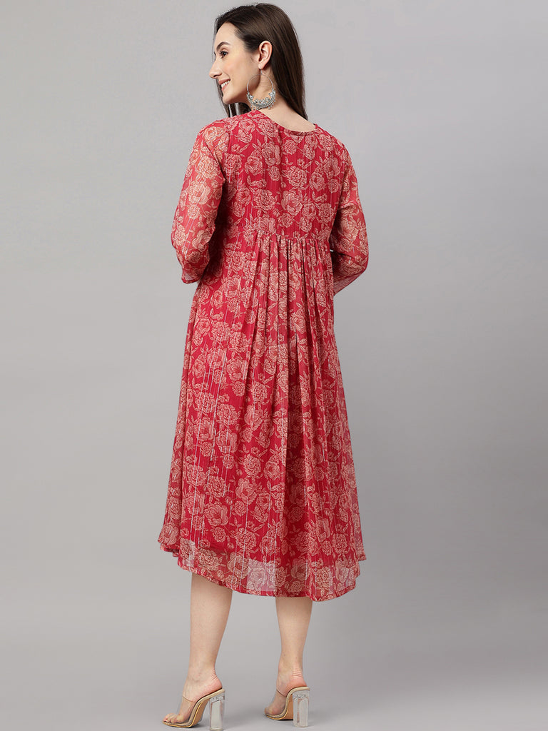 Women's Floral Printed Dark Pink Chiffon Lurex Dress