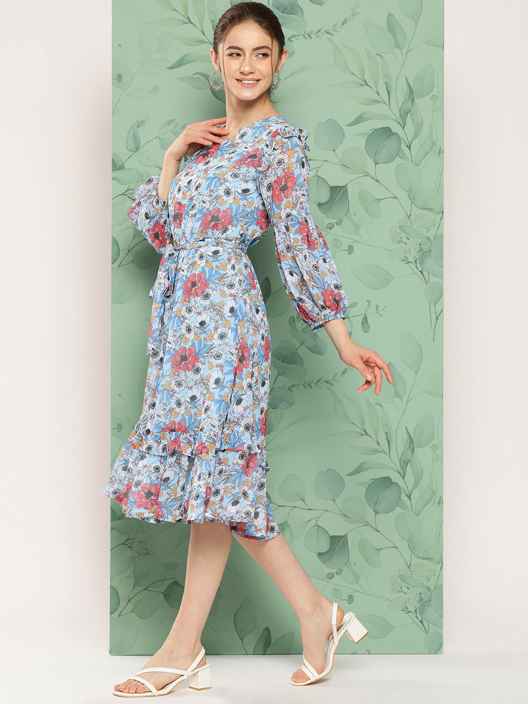 Women's Digital Printed Sky Blue Georgette Dress - Janasya